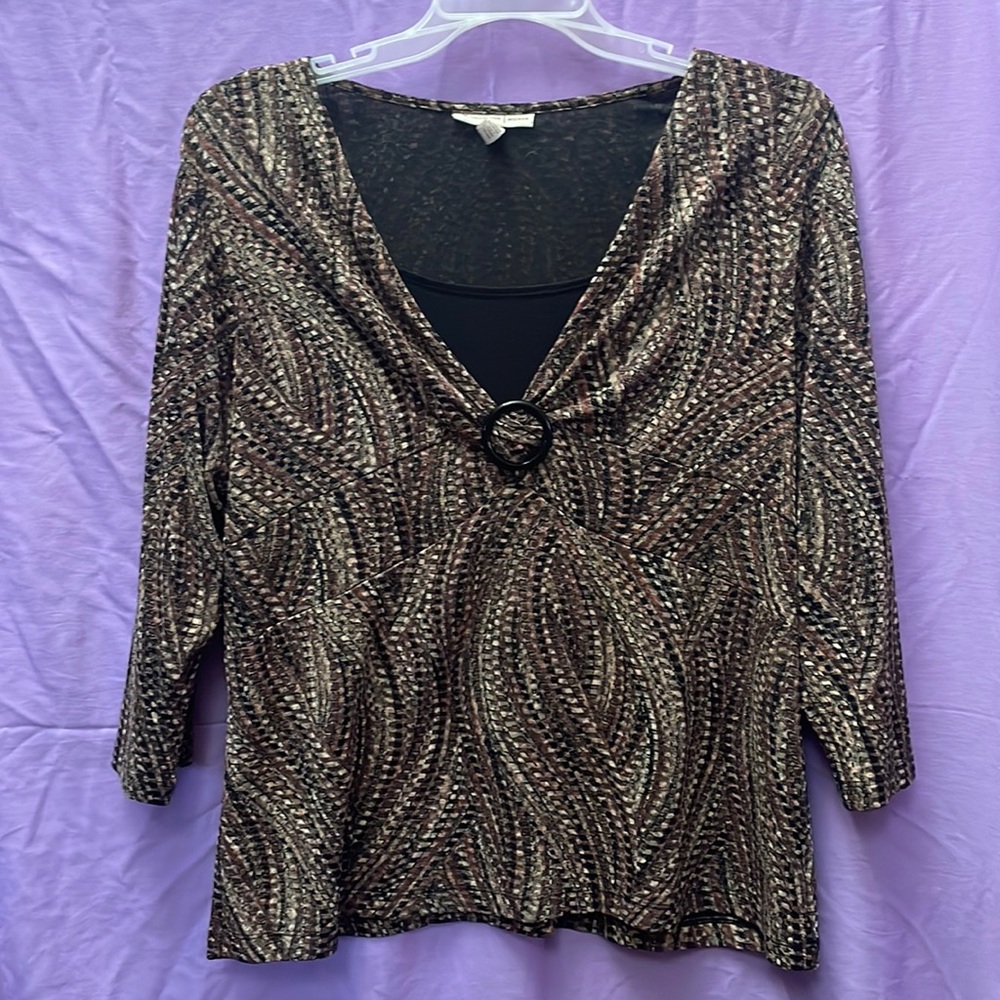 EUC JM Collection Brown Knot-Front 3/4 Sleeve Blouse w/ Modesty Panel, Sz 2x